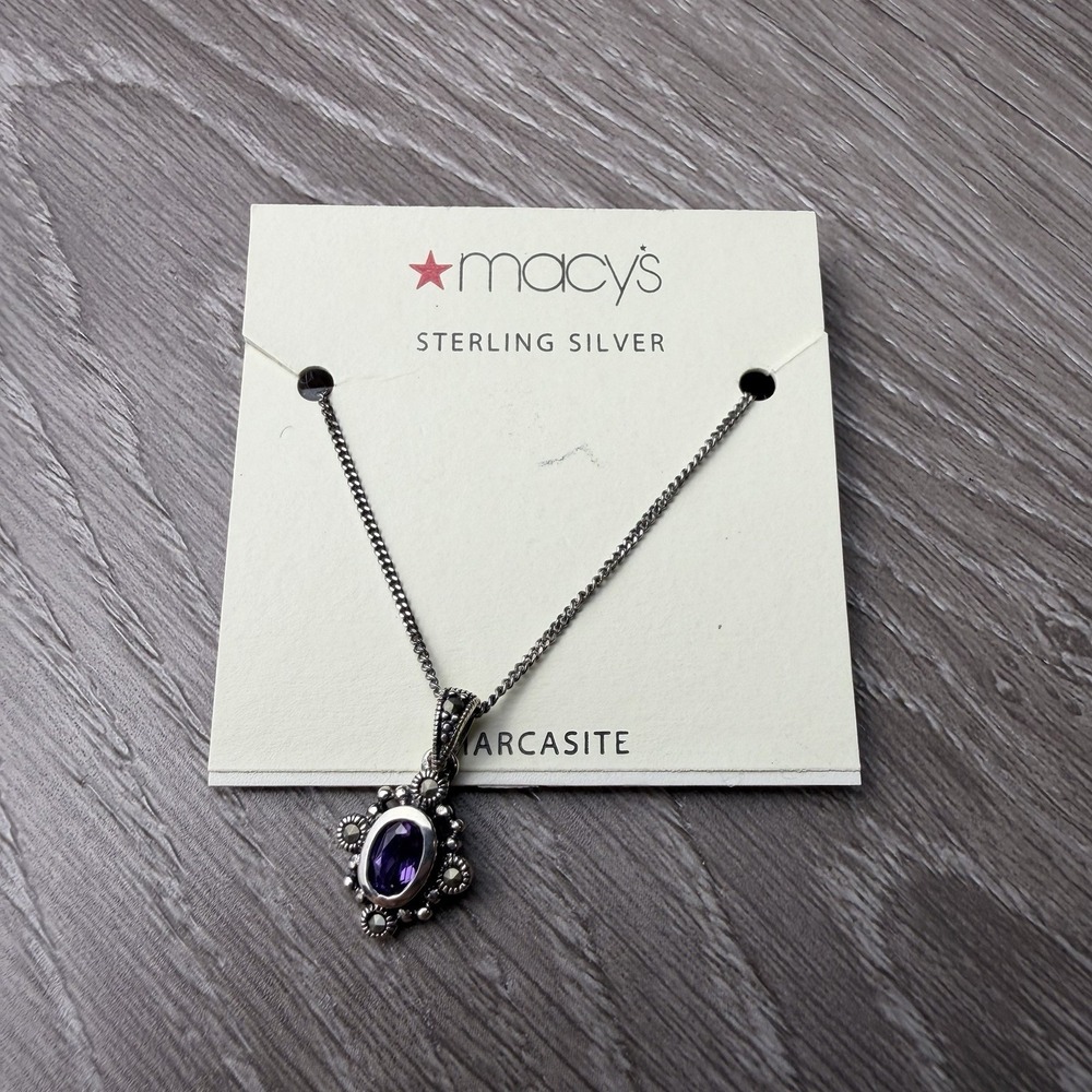 Macy's Sterling Silver Amethyst Marcasite Pendant Necklace New
